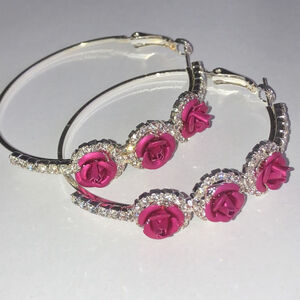 Silver Tone Magenta Pink Rose Flower CZ Rhinestones Huge Hoop Pierced Earrings